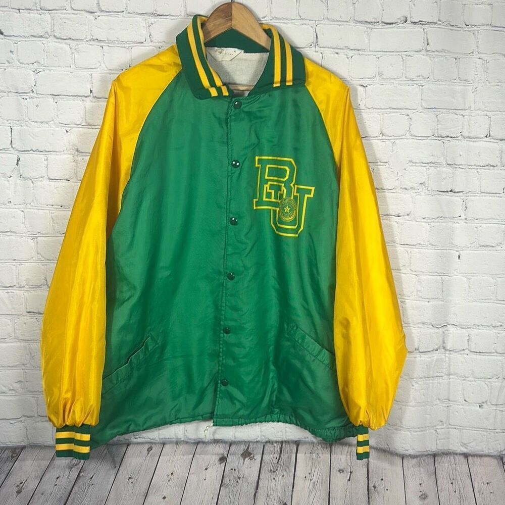 Vintage Baylor University Varsity Track Jacket Snap Closure Green Yellow XL